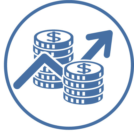 Up arrow surrounded by stacks of coins in a blue circle